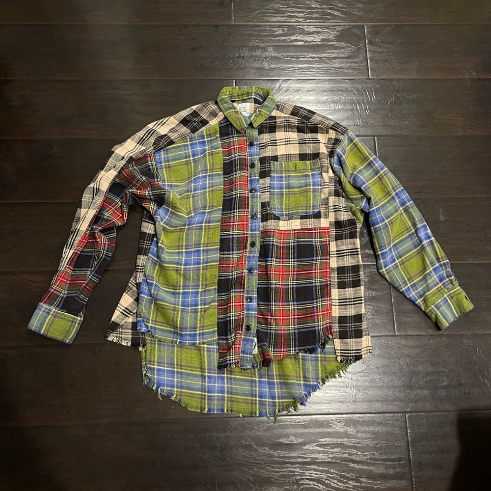 BDG Ted Patchwork Green Flannel Multicolor Plaid Shirt XS Small Fall Oversized